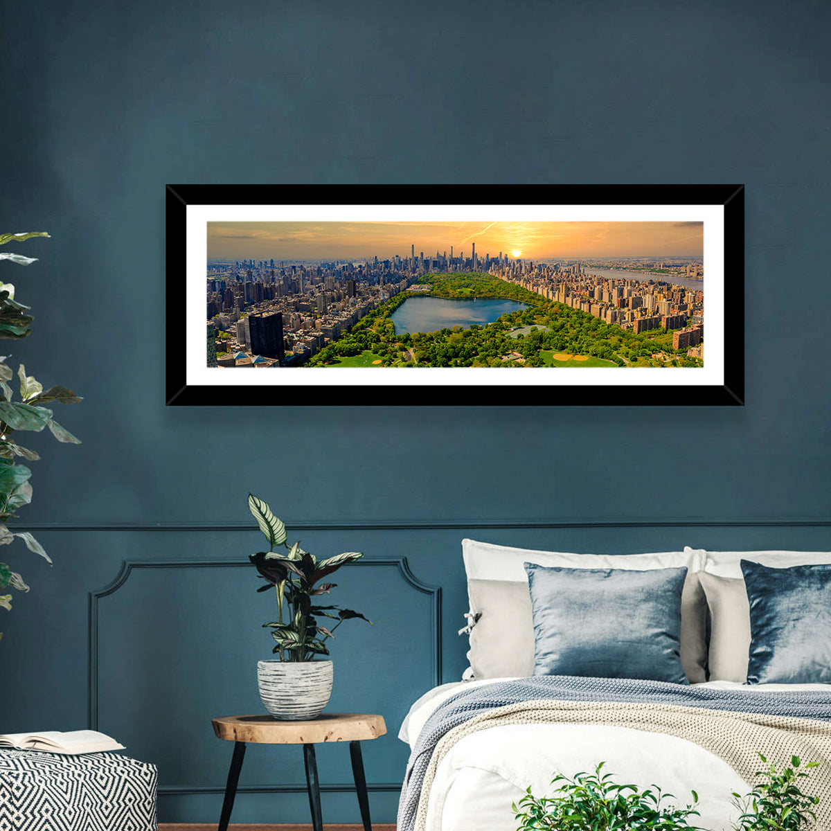 Central Park Reservoir at Dusk Wall Art in a room, panoramic
