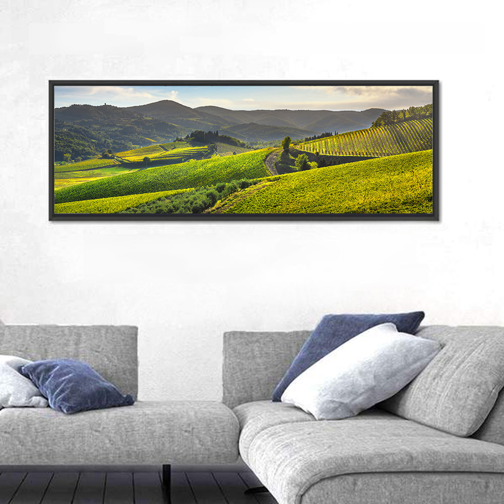 Sunlit Chianti Vineyard Wall Art in a room, panoramic