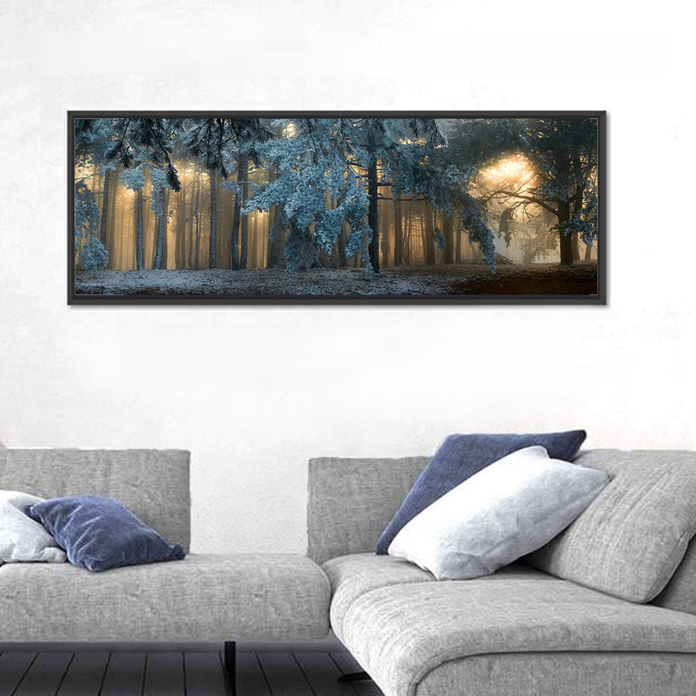 Sunlit Snow Covered Forest Wall Art in a room, panoramic