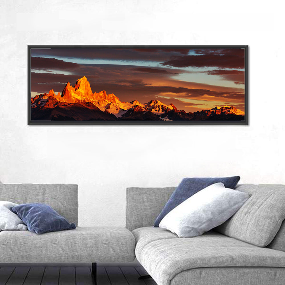 Mount Fitz Roy at Golden Hour Wall Art in a room, panoramic