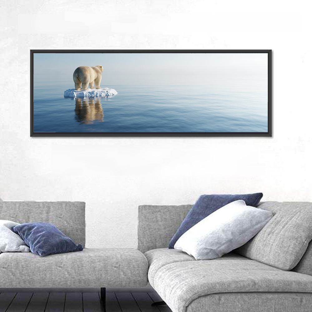 Lone Polar Bear on Ice Floe Wall Art in a room, panoramic
