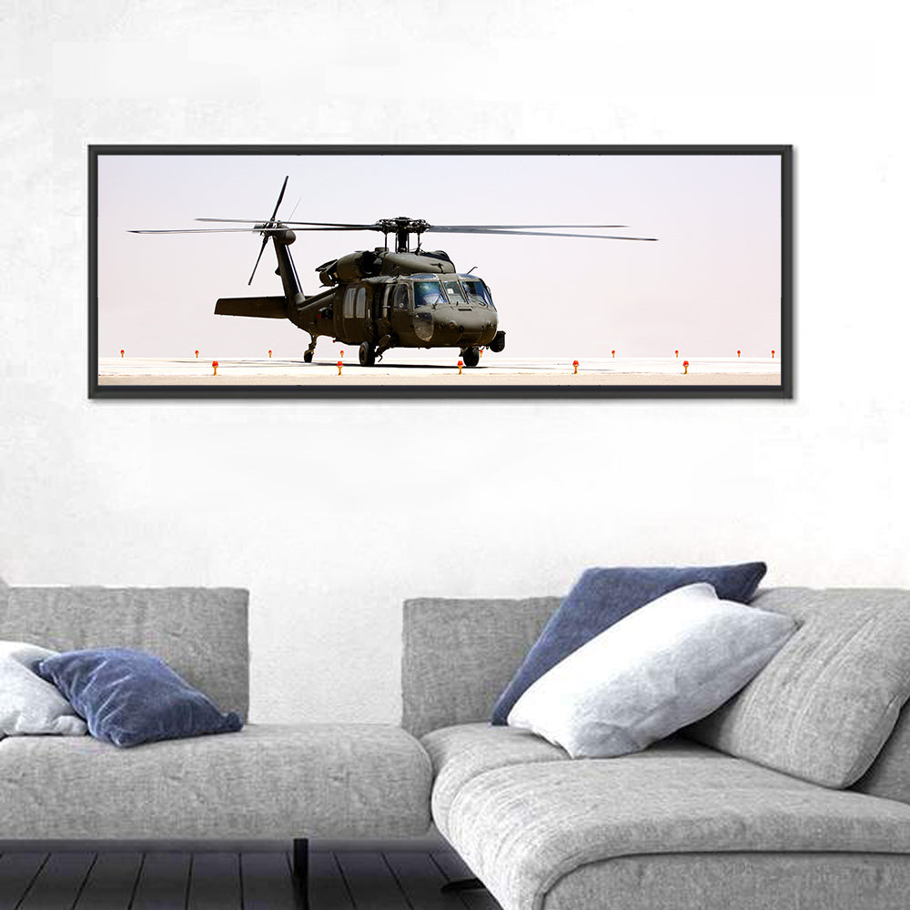 Side Profile Military Helicopter Wall Art in a room, panoramic