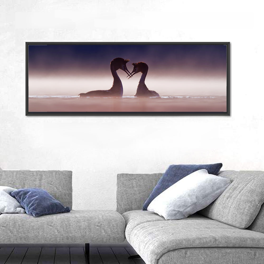 Crested Grebes in Morning Mist Wall Art