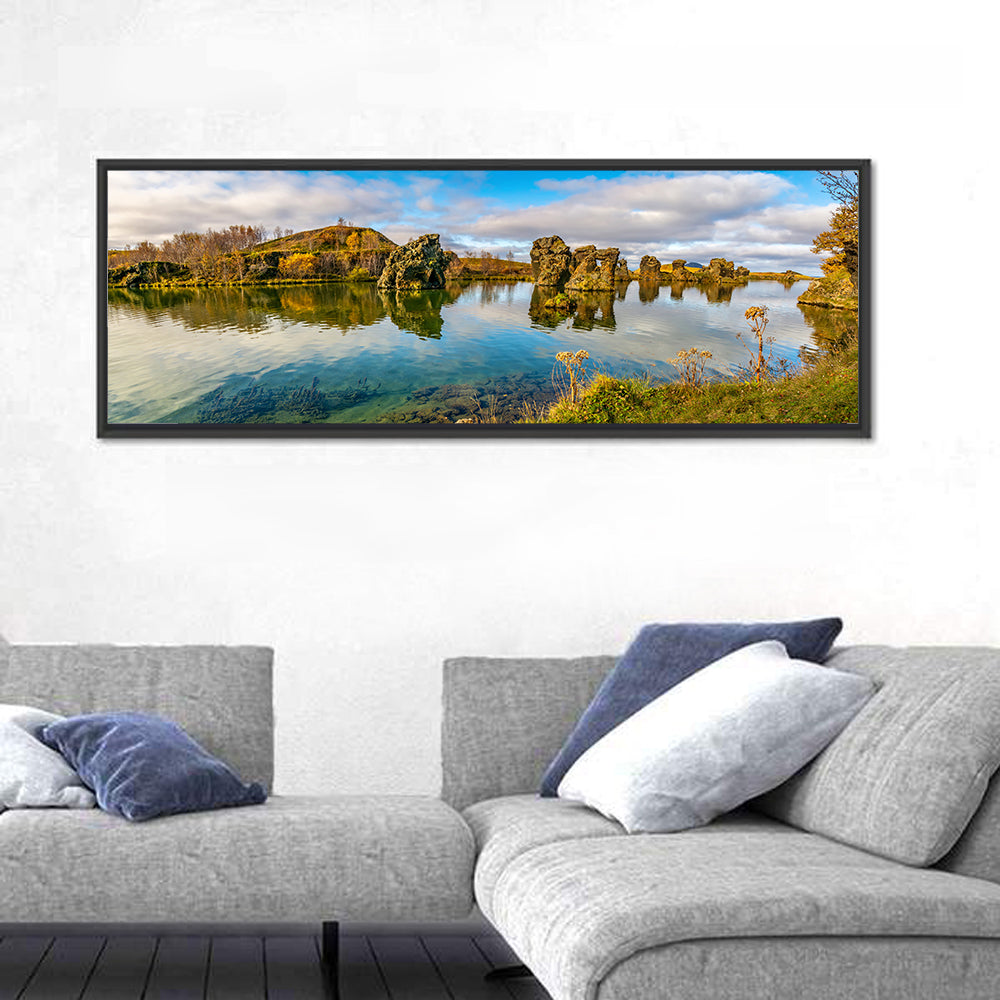 Myvatn Volcanic Rock Reflections Wall Art in a room, panoramic