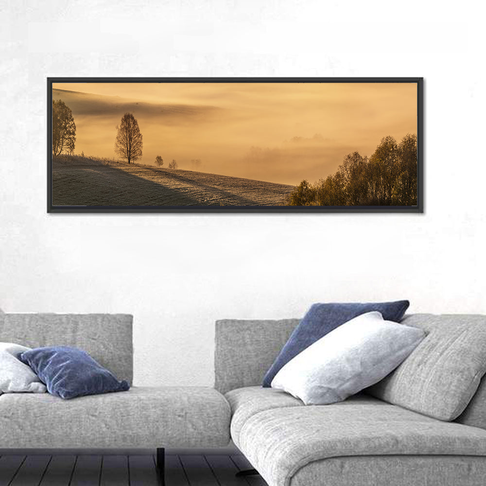 Misty Valley Morning Light Wall Art in a room, panoramic