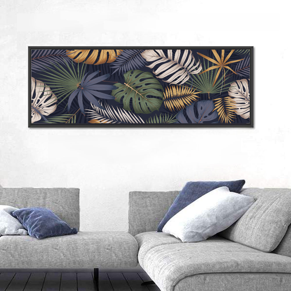 Layered Tropical Leaves Pattern Wall Art in a room, panoramic