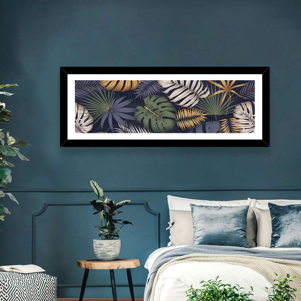 Layered Tropical Leaves Pattern Wall Art in a room, panoramic