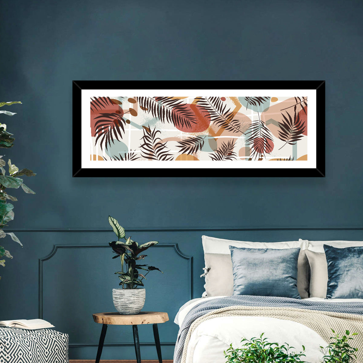 Geometric Tropical Leaves Wall Art in a room, panoramic