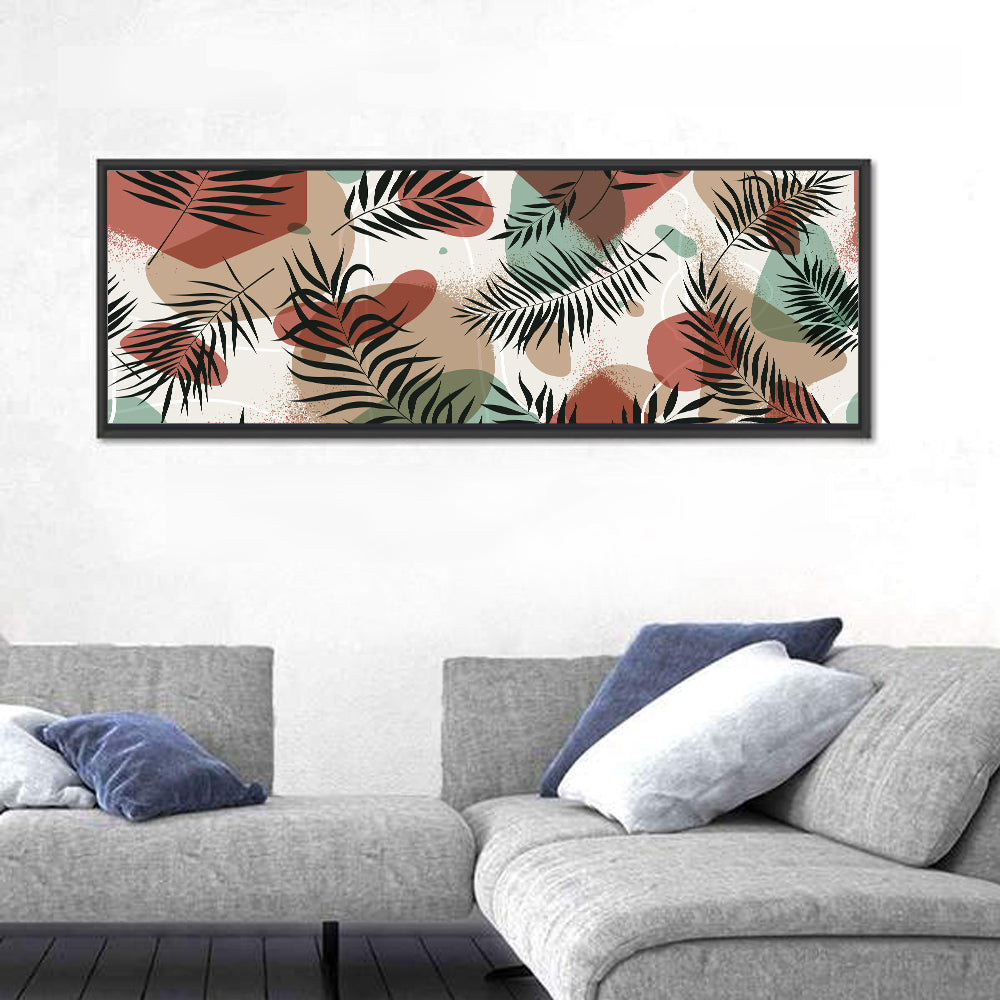 Geometric Tropical Pattern Wall Art in a room, panoramic