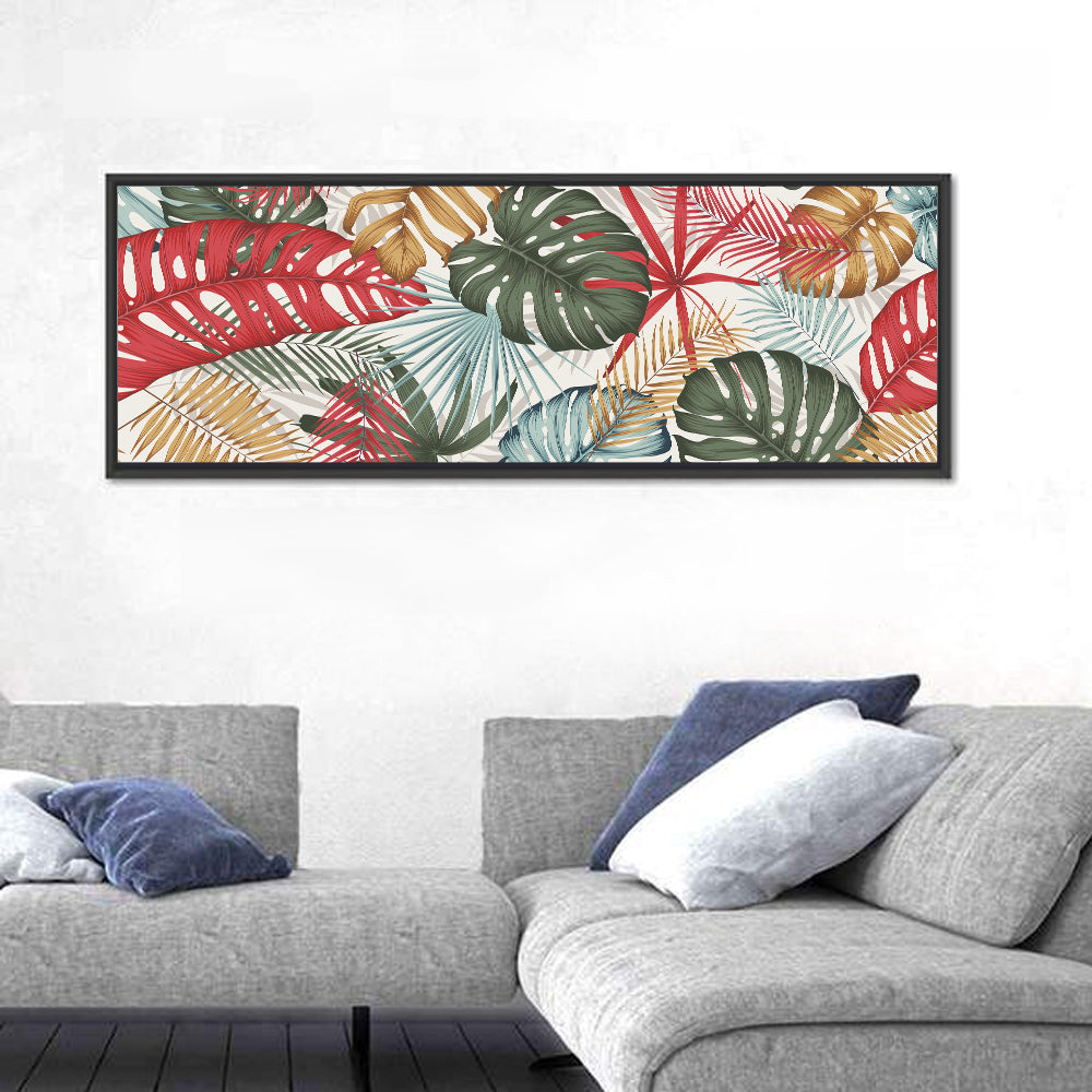 Red and Green Tropical Leaves Pattern Wall Art in a room, panoramic