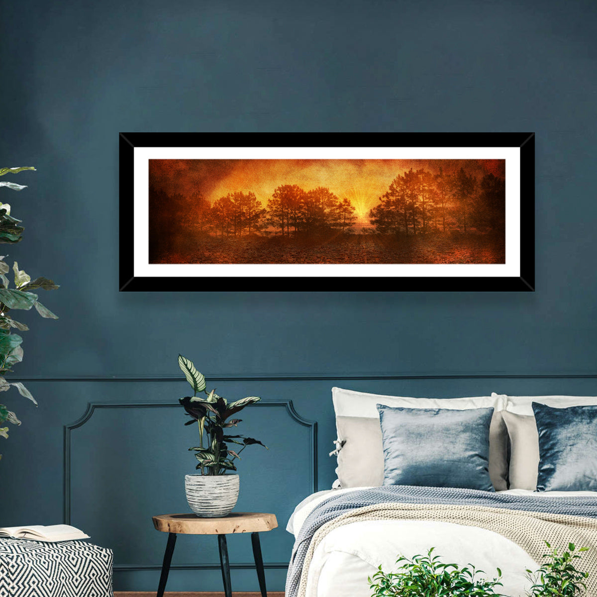 Autumn Forest Sunset Wall Art in a room, panoramic