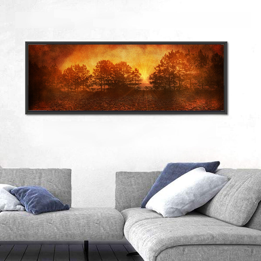 Autumn Forest Sunset Wall Art in a room, panoramic