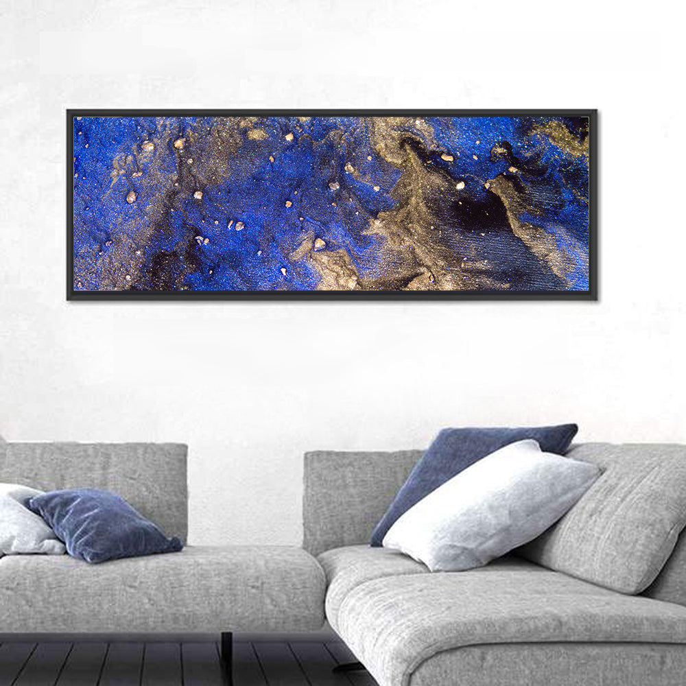 Blue Rush Abstract Wall Art in a room, panoramic