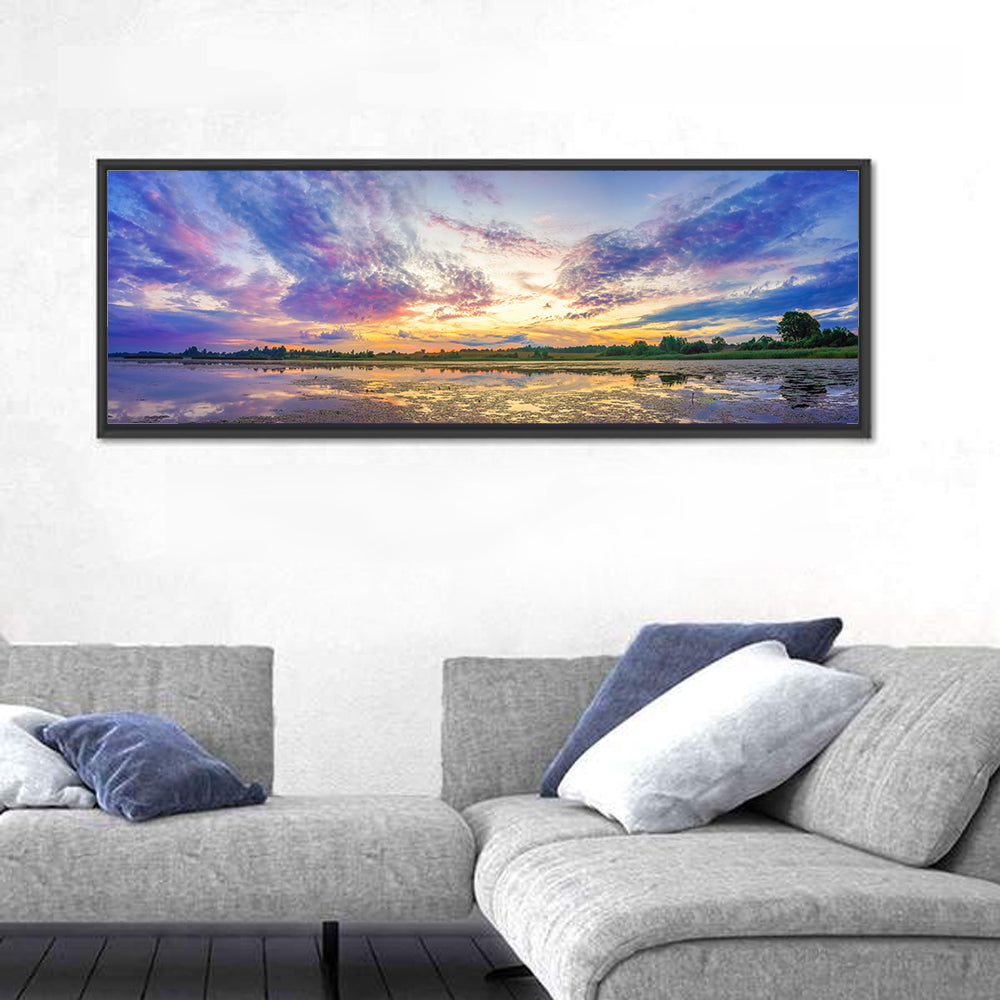 Golden Sunrise Over Lake Wall Art in a room, panoramic