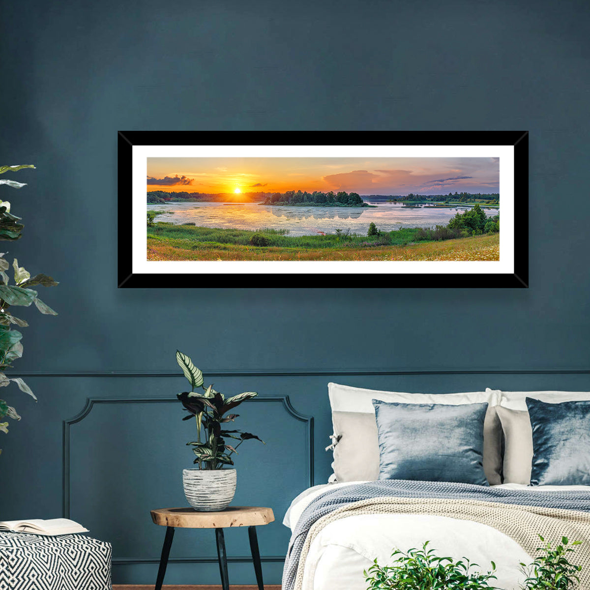 Sunset Over Lake Wall Art in a room, panoramic