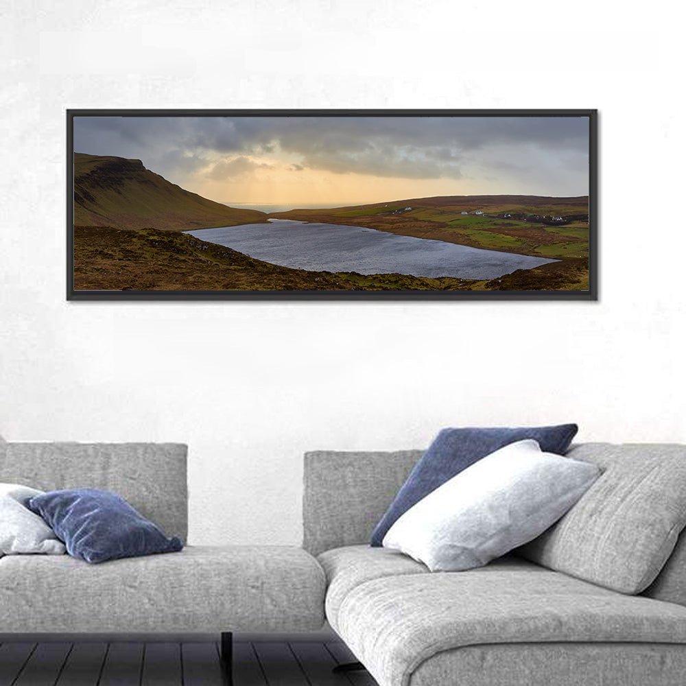 Isle of Skye Lake at Golden Hour Wall Art in a room, panoramic