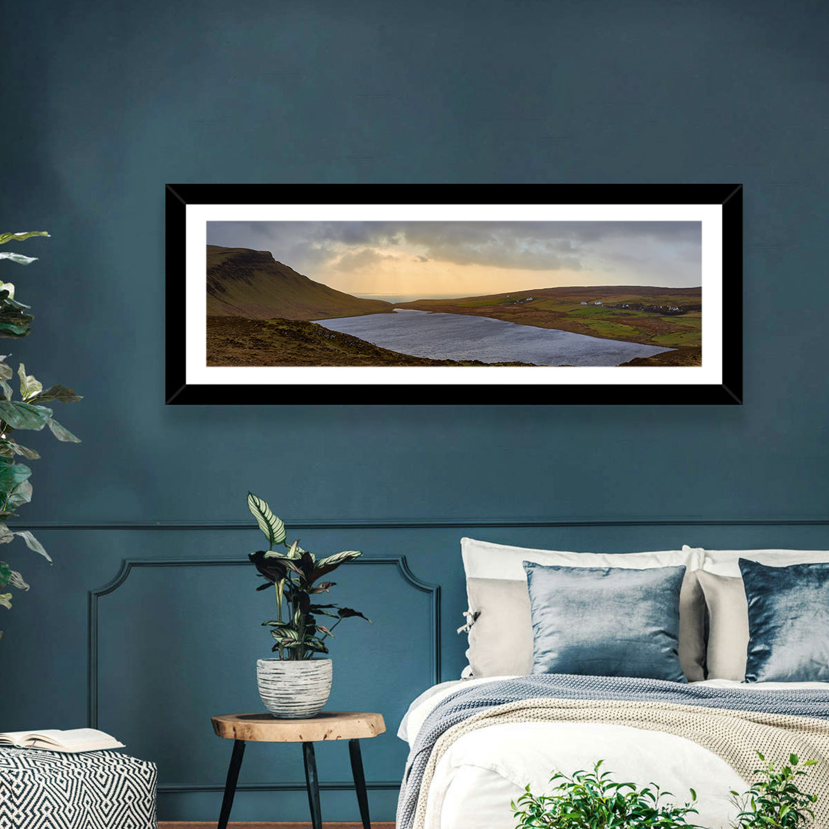 Isle of Skye Lake at Golden Hour Wall Art in a room, panoramic
