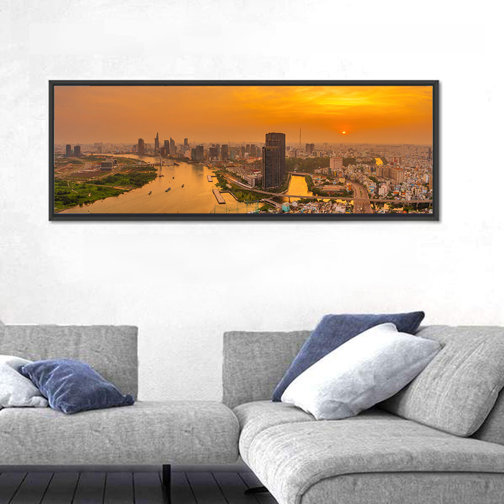 Landmark 81 Golden Hour Skyline Wall Art in a room, panoramic