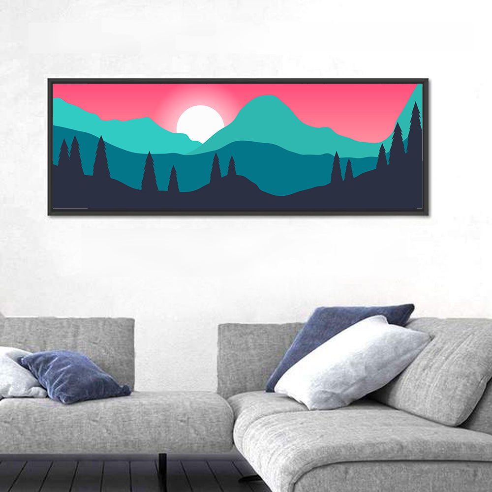 Turquoise and Pink Mountain Sunset Wall Art in a room, panoramic