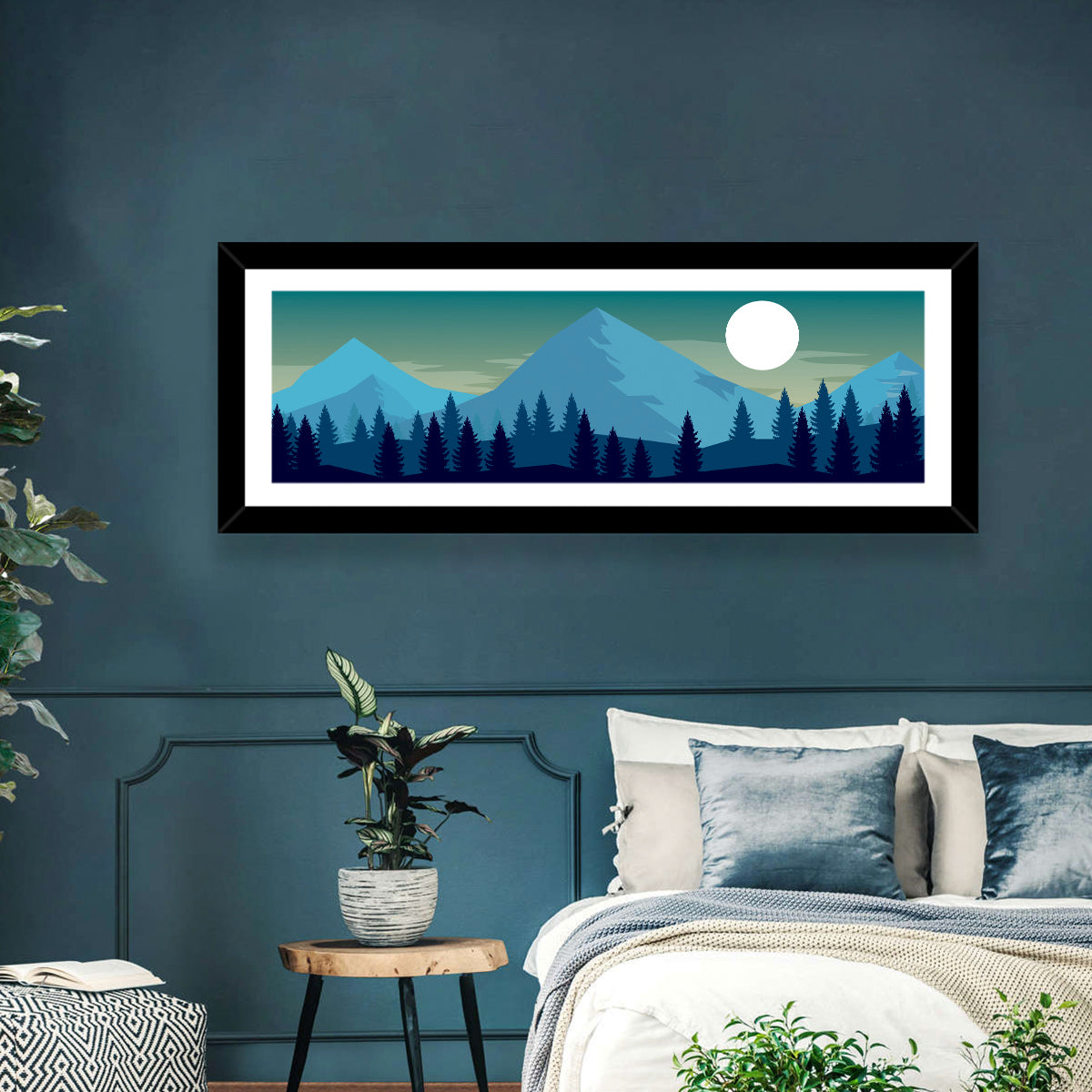 Moonlit Snowy Mountain Forest Wall Art in a room, panoramic