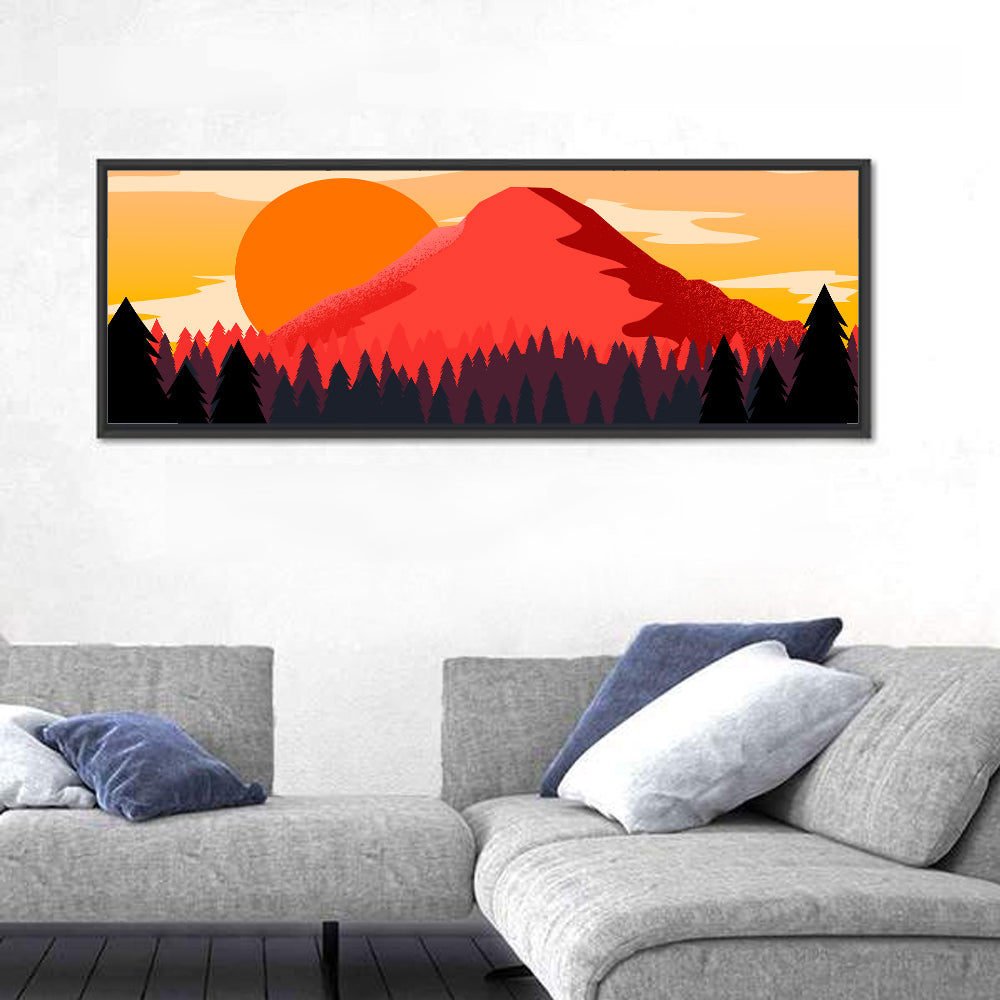 Stippled Red Mountain Sunset Wall Art in a room, panoramic