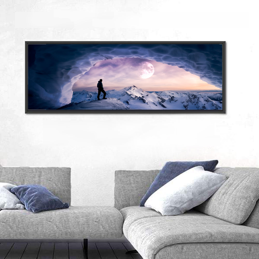 Moonlit Ice Cave Hiker Wall Art in a room, panoramic