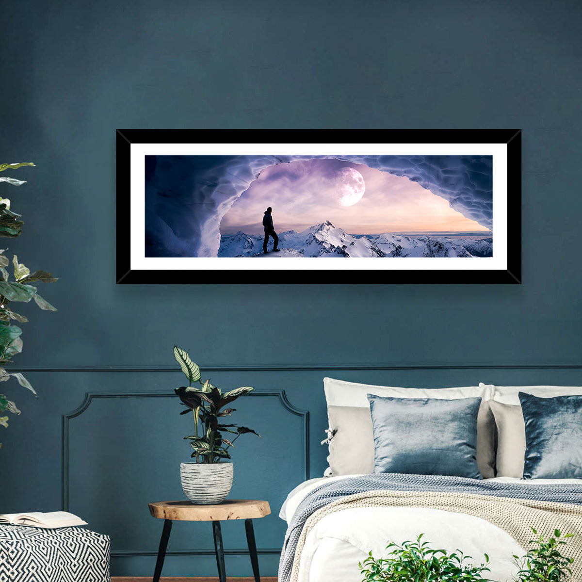 Moonlit Ice Cave Hiker Wall Art in a room, panoramic