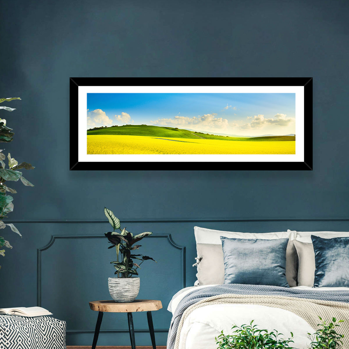 Rapeseed Field and Rolling Hills Under Blue Sky Wall Art