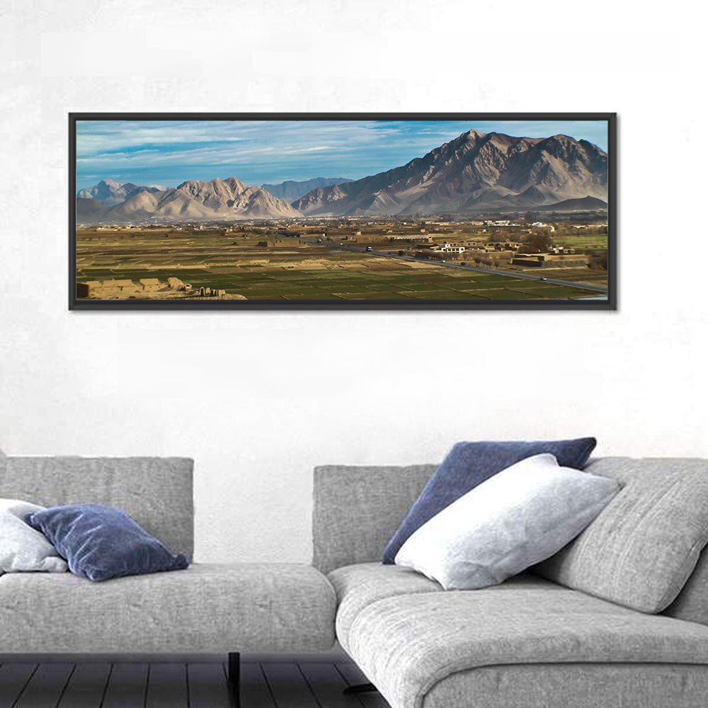 Patchwork Farmland Landscape Wall Art in a room, panoramic