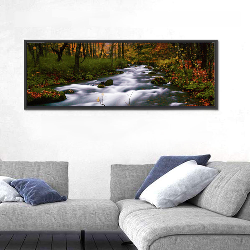 Autumn Forest Stream Wall Art in a room, panoramic