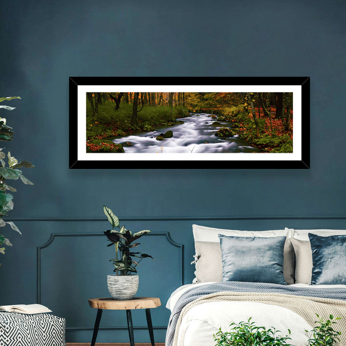 Autumn Forest Stream Wall Art in a room, panoramic