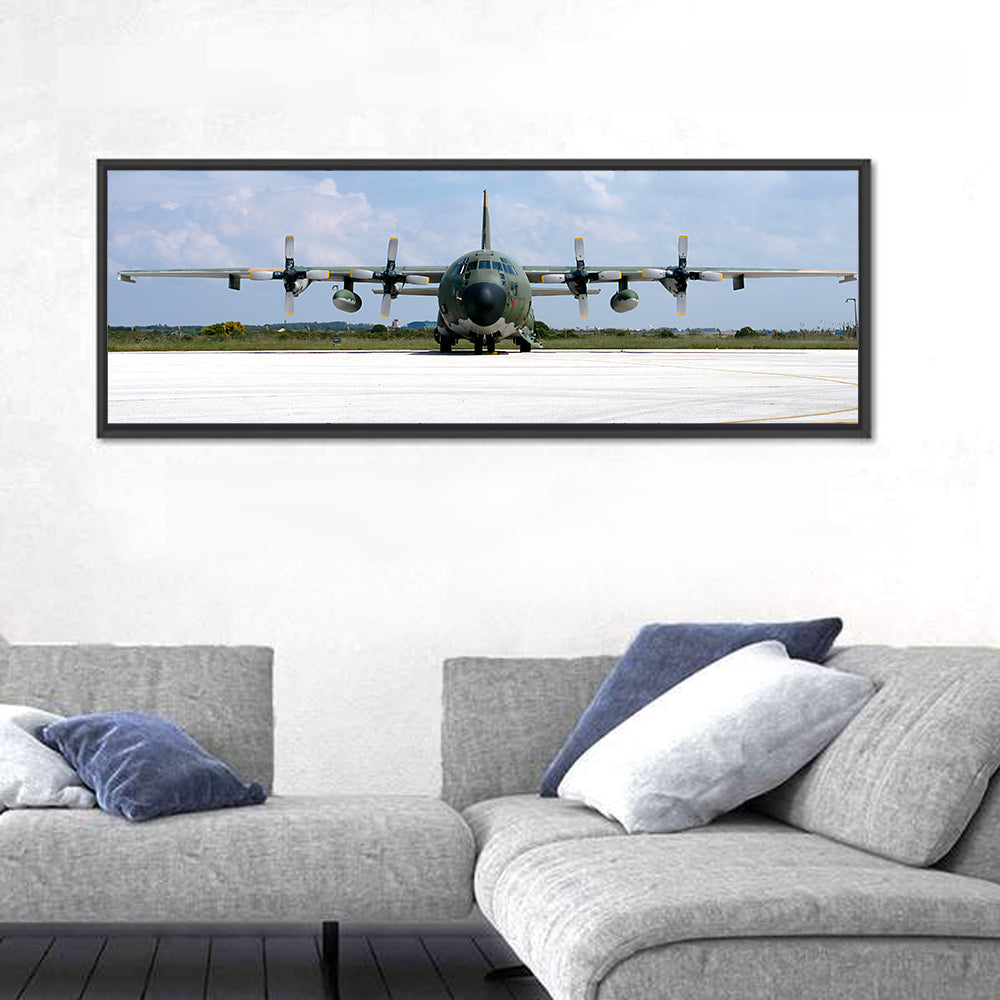 Camo Military Transport Aircraft Wall Art in a room, panoramic