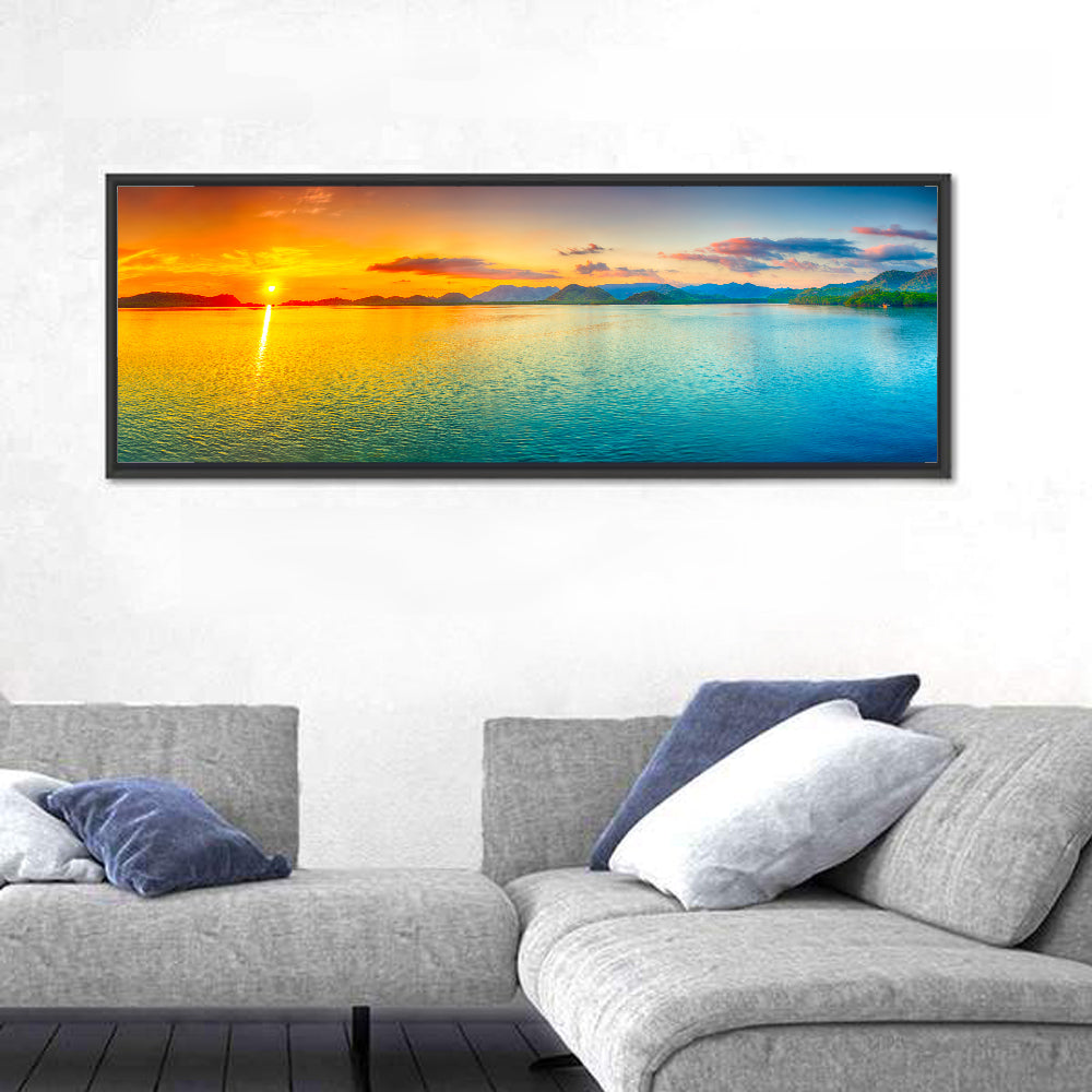 Golden Lake Sunrise Wall Art in a room, panoramic