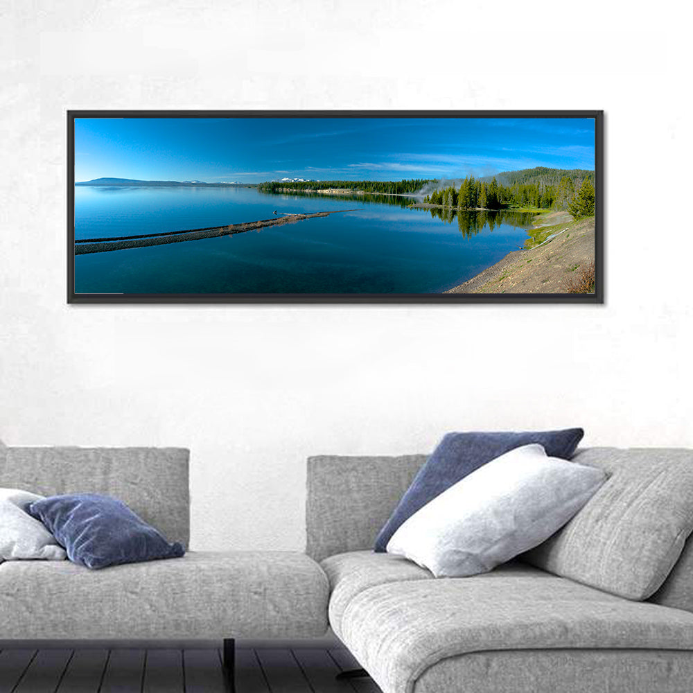 Yellowstone Lake Shore Wall Art in a room, panoramic