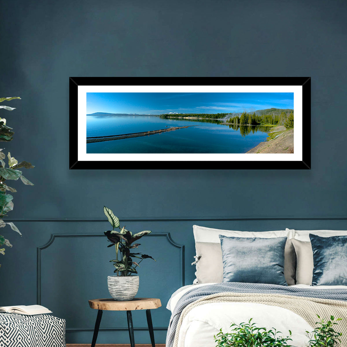 Yellowstone Lake Shore Wall Art in a room, panoramic
