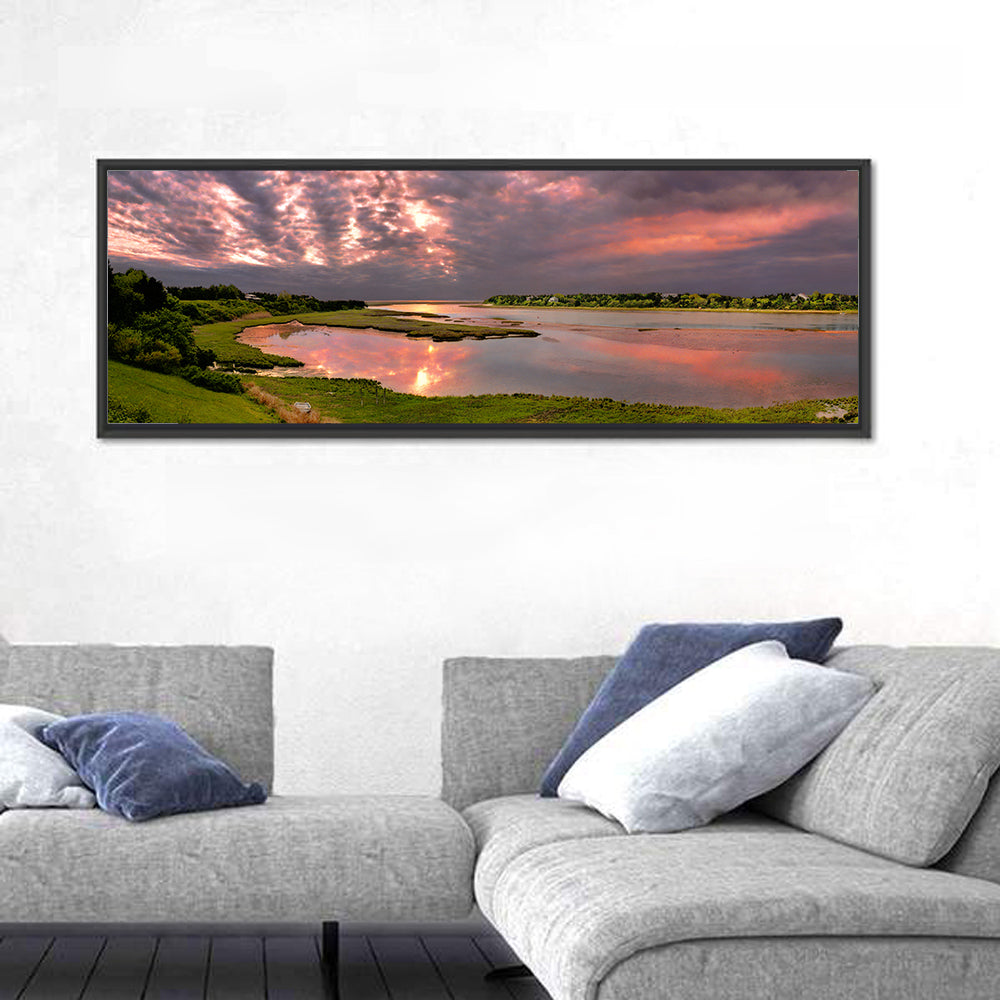Cape Cod Cloudy Sunrise Wall Art in a room, panoramic