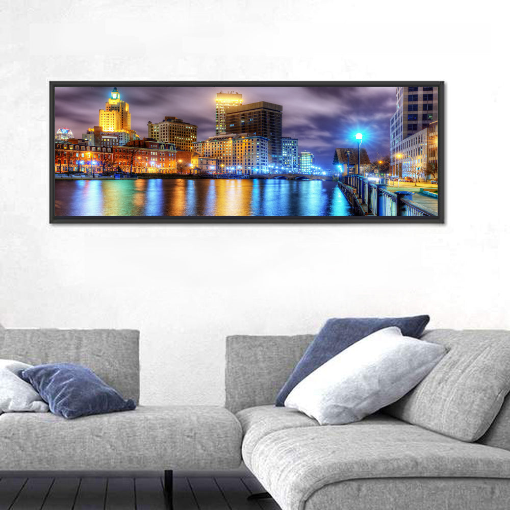 Providence River Night Skyline Wall Art in a room, panoramic