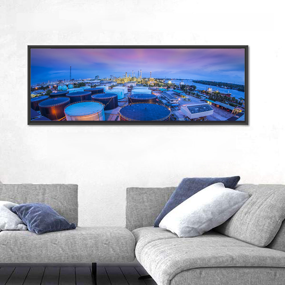 Twilight Oil Refinery River View Wall Art in a room, panoramic