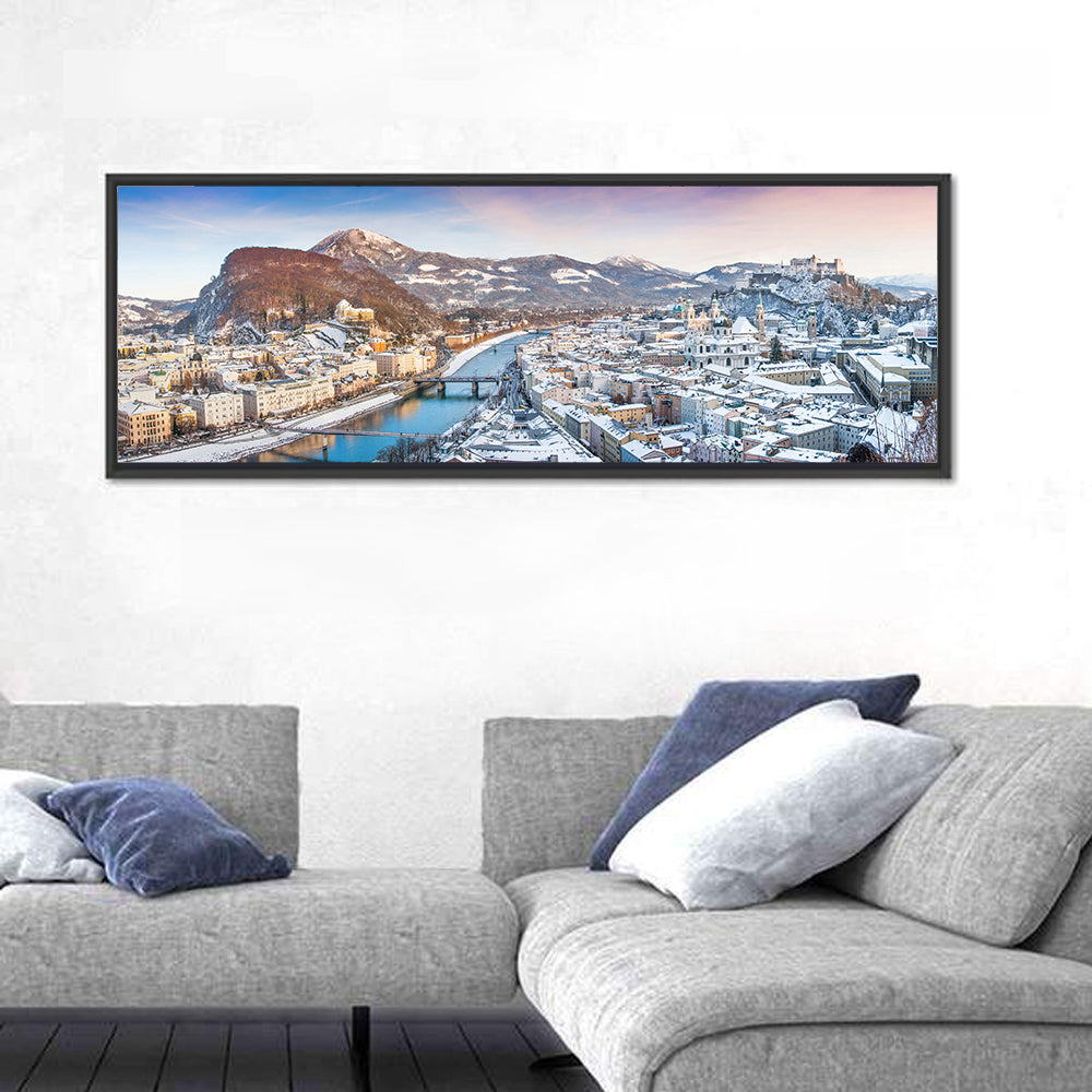 Salzburg Winter Skyline Wall Art in a room, panoramic