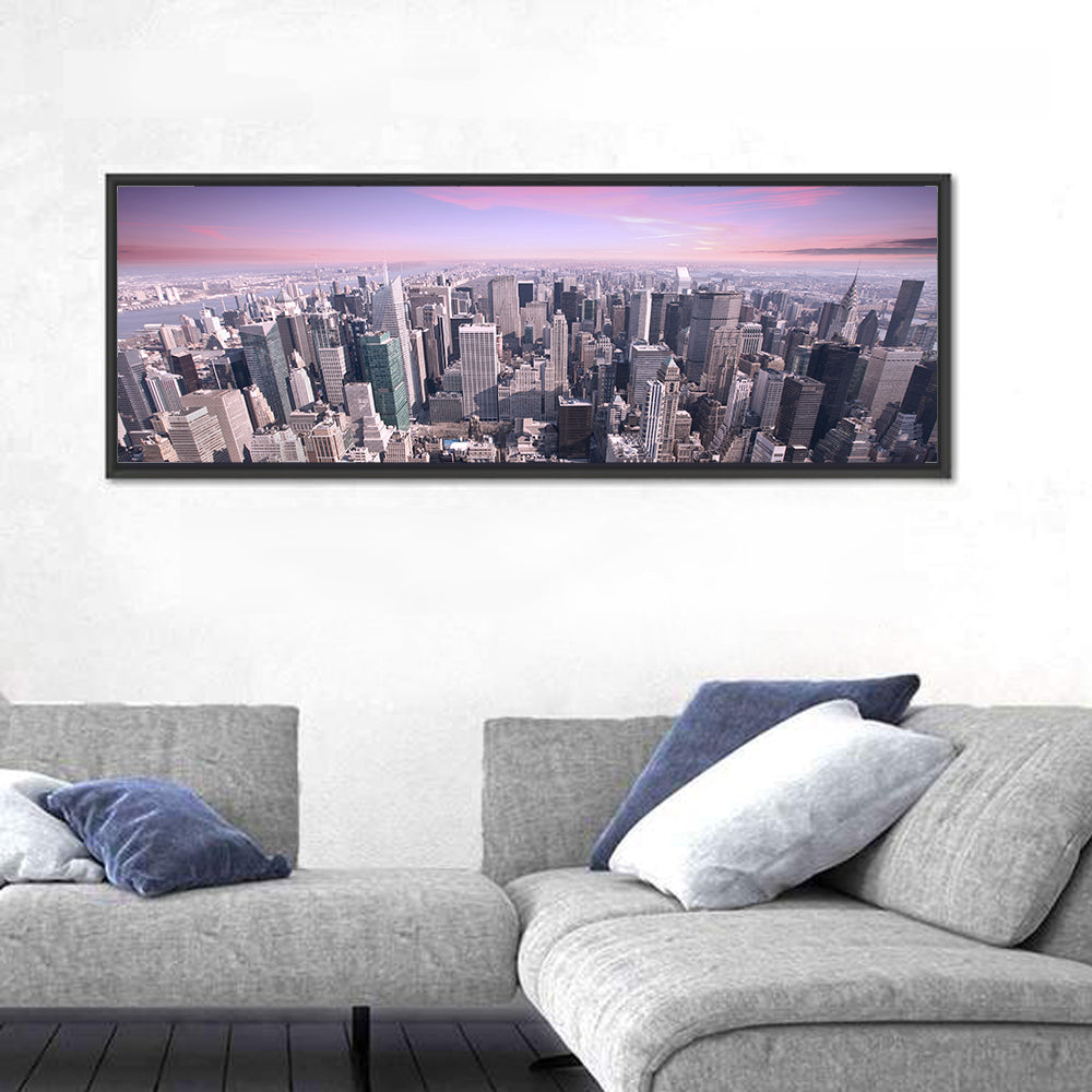 Midtown Manhattan Skyline in Purple Haze Wall Art in a room, panoramic