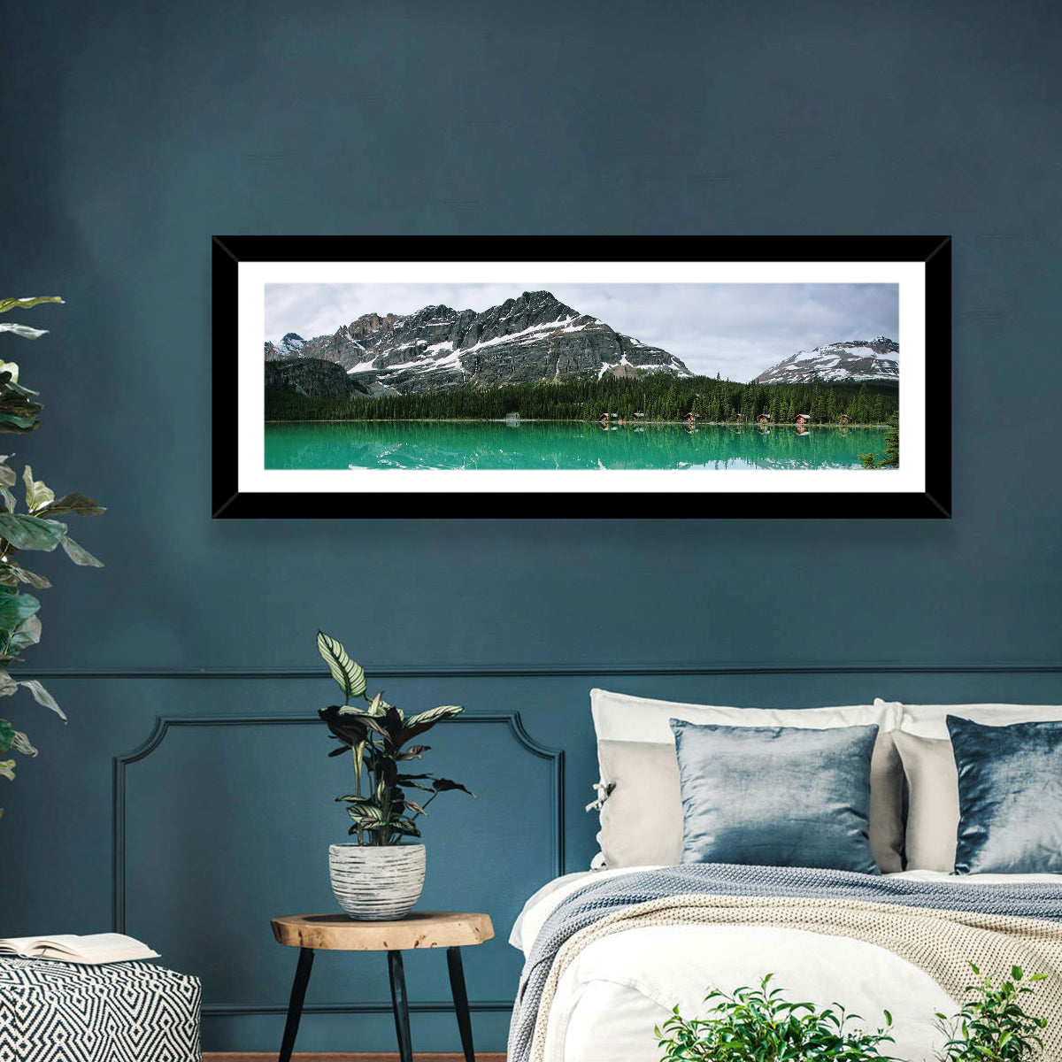 Lake Ohara Turquoise Reflection Wall Art in a room, panoramic