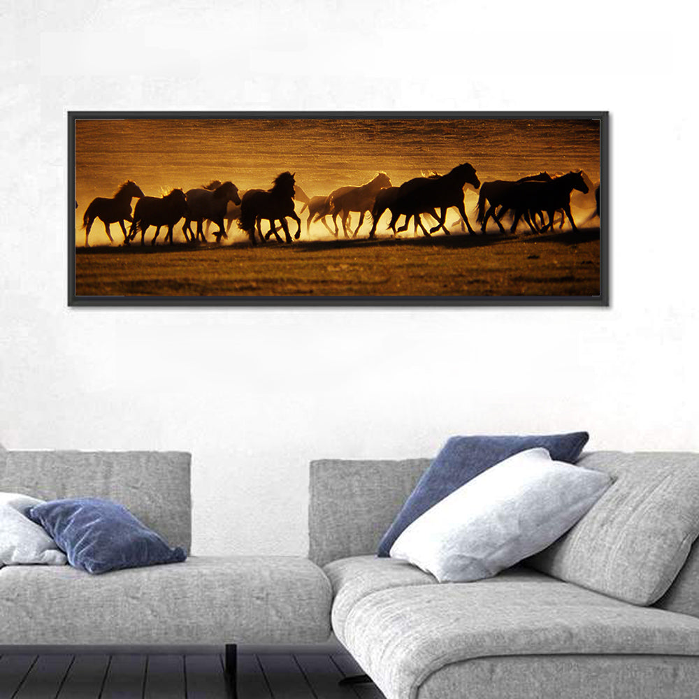 Running Wild Horses at Sunset Wall Art in a room, panoramic