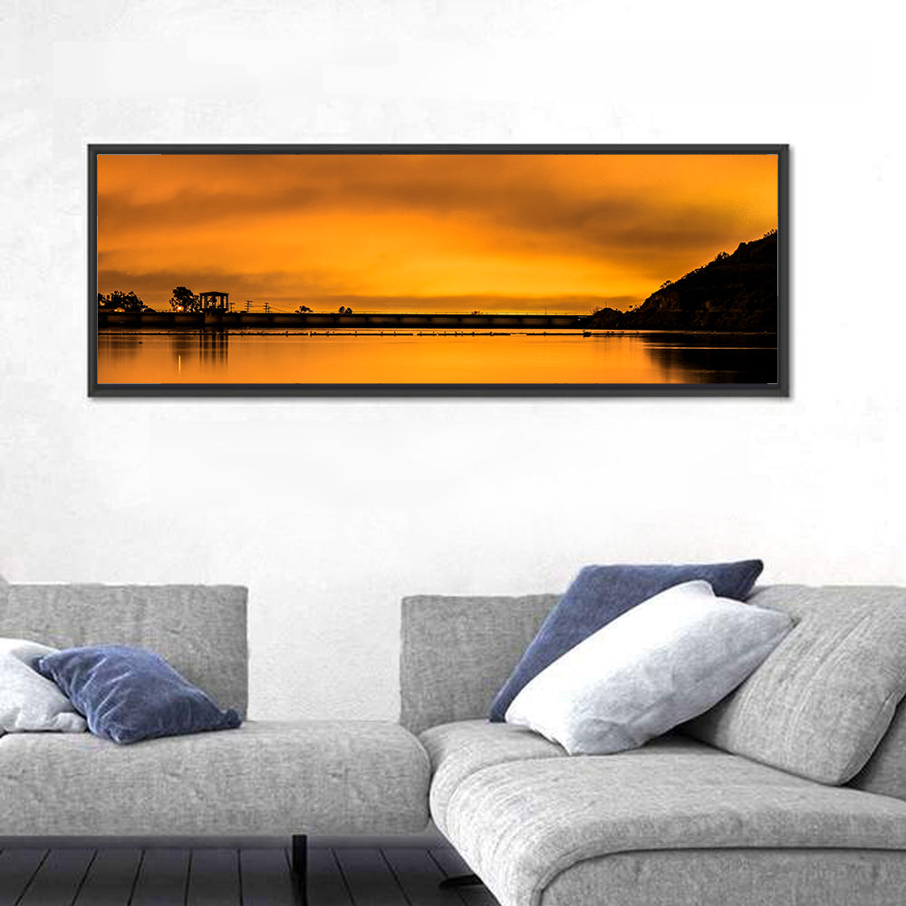Lake Murray Sunset Wall Art in a room, panoramic