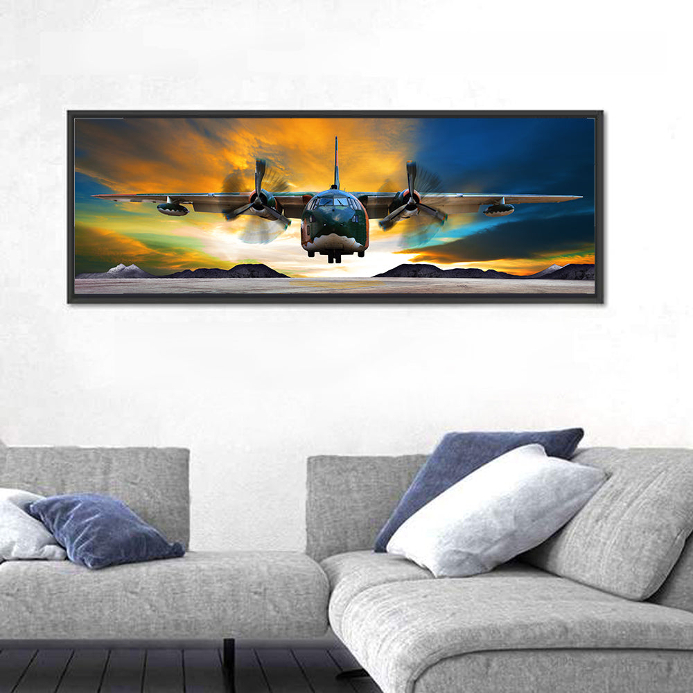 Cargo Plane Landing at Sunset Wall Art in a room, panoramic