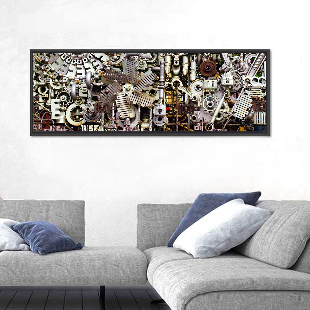 Industrial Gearwork Parts Collage Wall Art in a room, panoramic