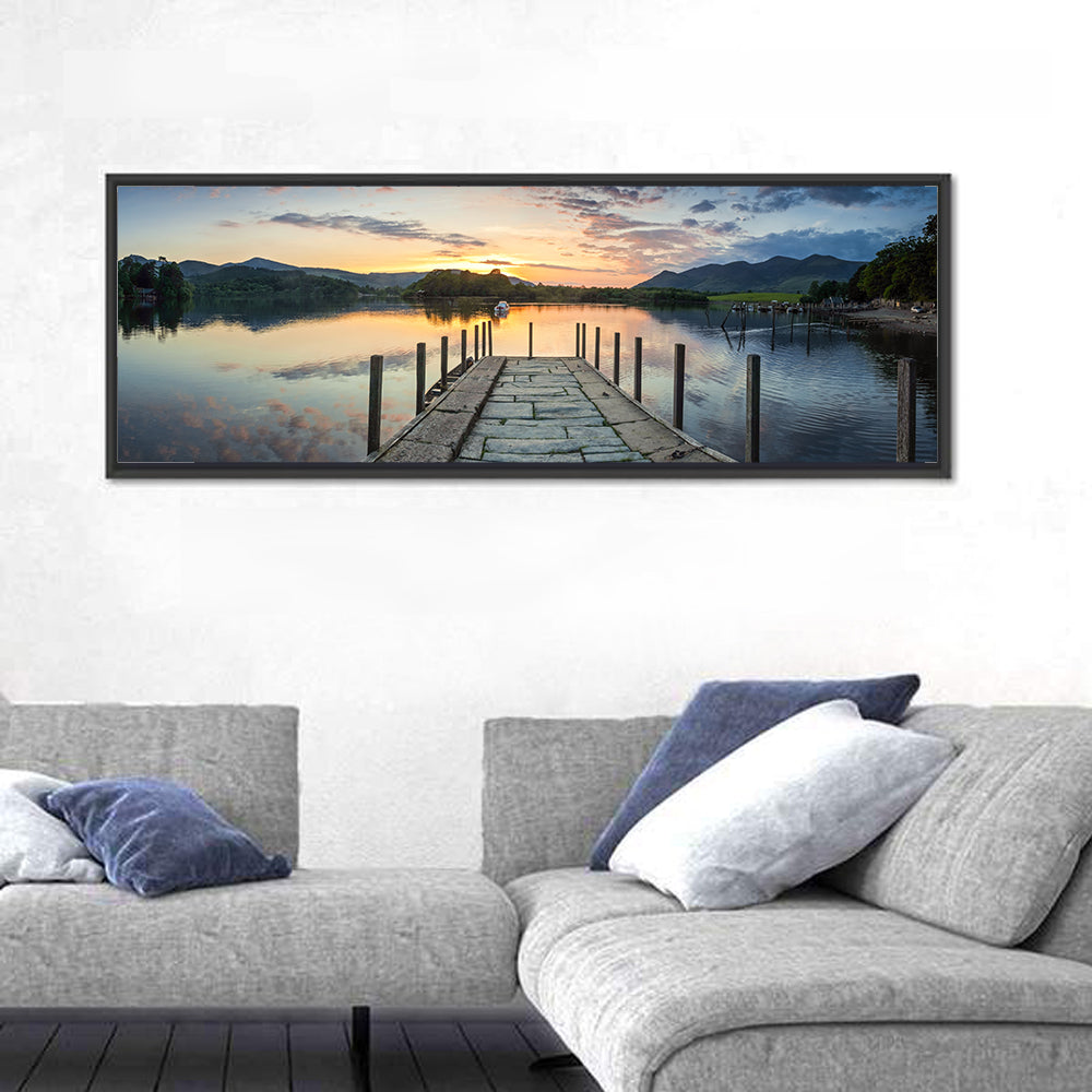 Derwent Water Stone Pier Sunset Wall Art in a room, panoramic
