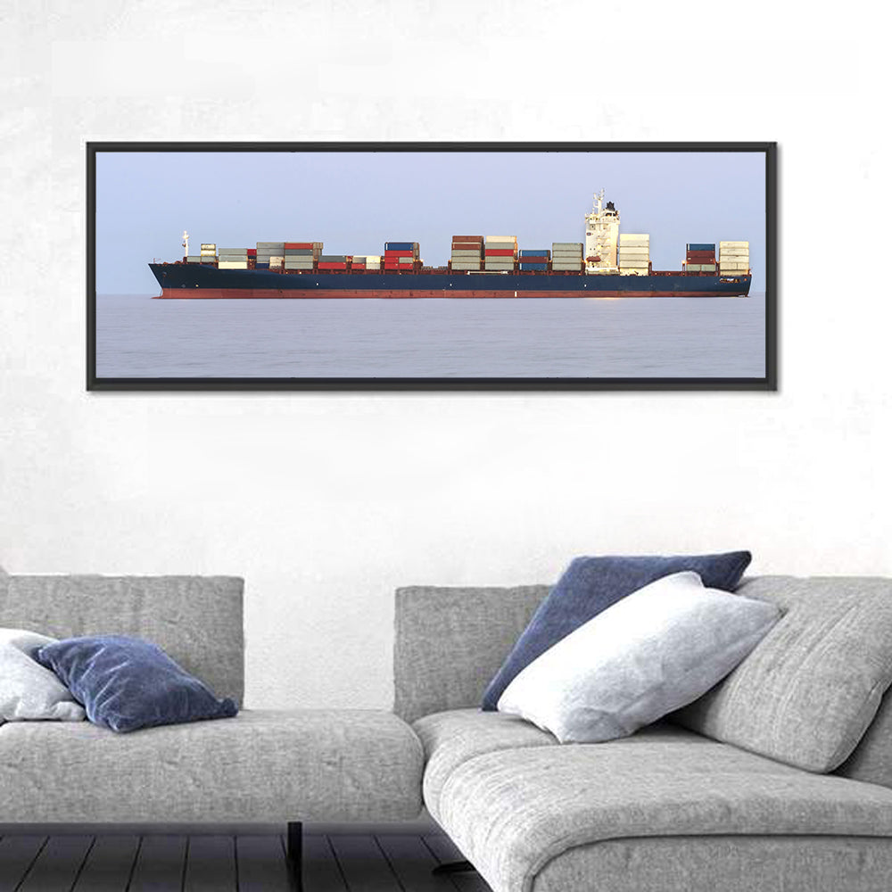 Container Ship on the Ocean Wall Art in a room, panoramic