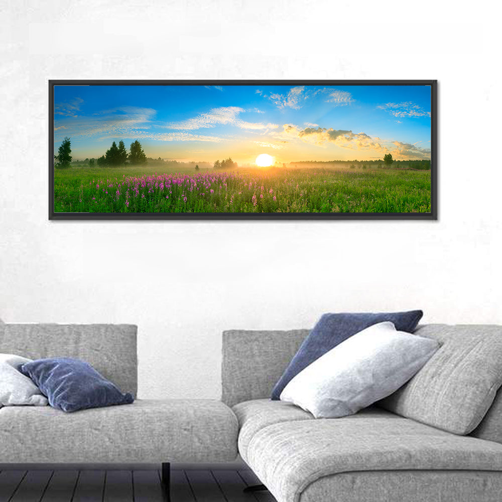 Fireweed Meadow Sunrise Wall Art in a room, panoramic