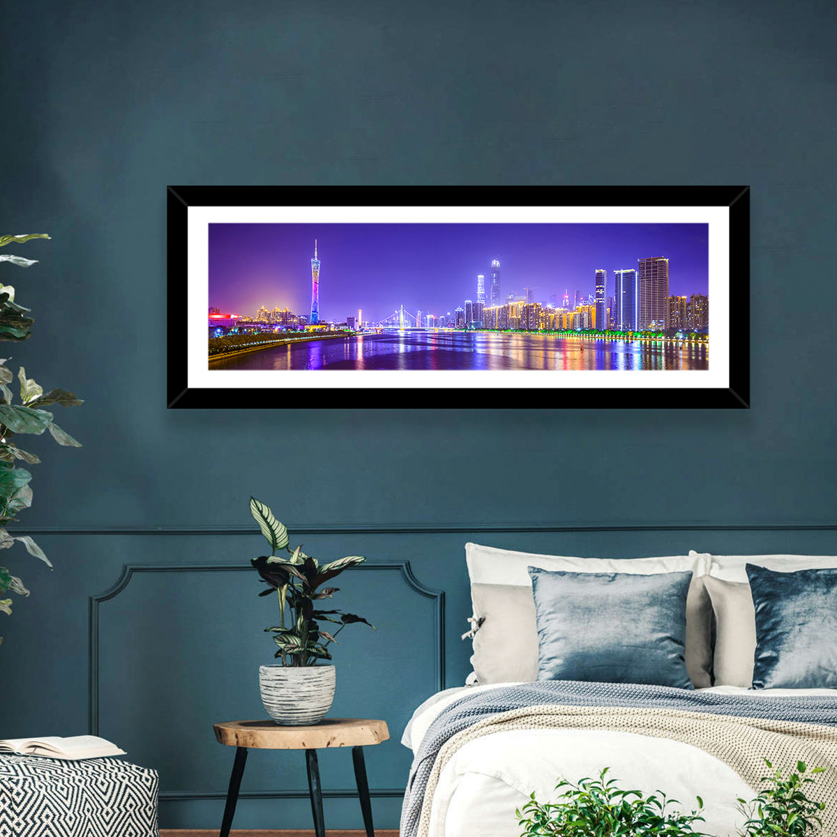 Guangzhou Skyline Night Over Pearl River Wall Art in a room, panoramic