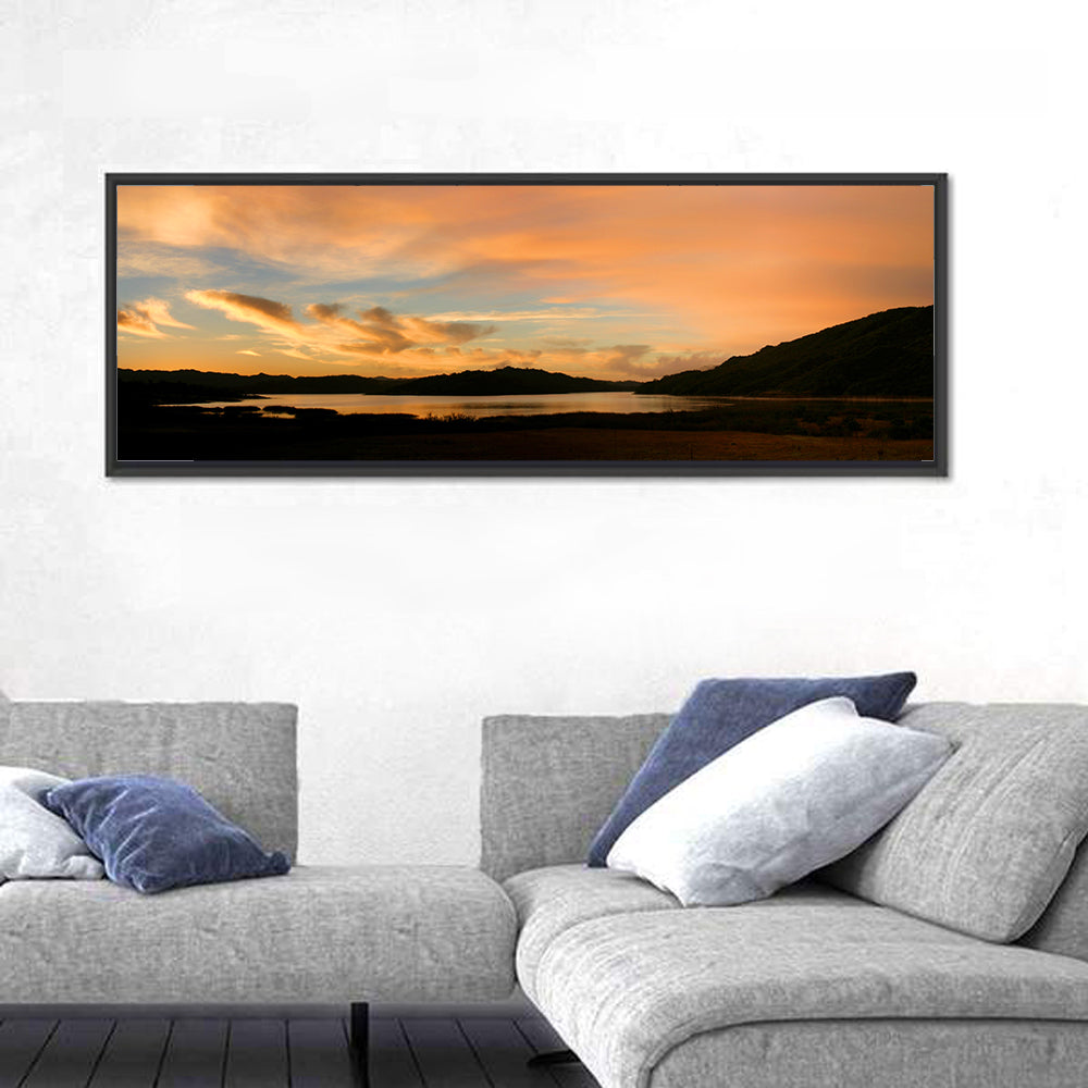 Lake Casitas Sunrise Wall Art in a room, panoramic